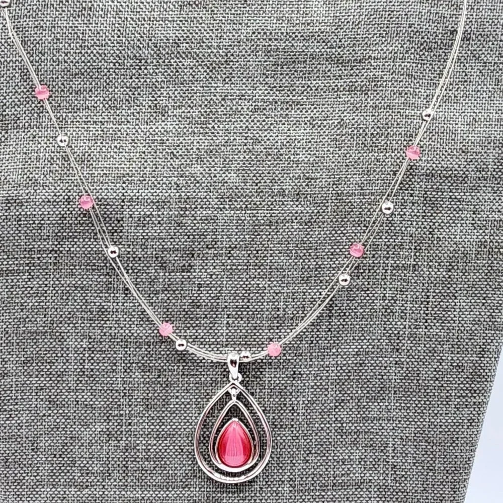 LIA SOPHIA COTTON CANDY Silver Pink Teardrop Floating Bead Signed Necklace